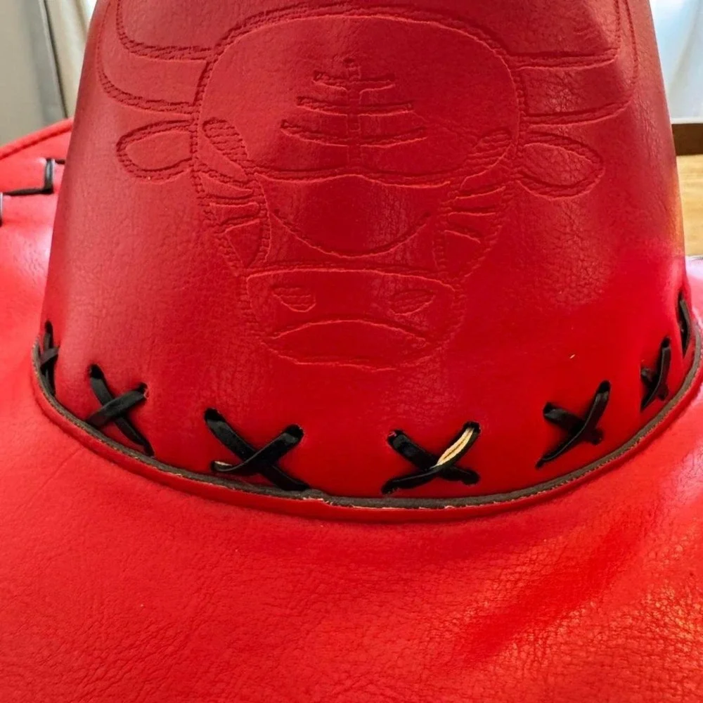 Vintage Red Faux Leather Cowboy Hat Bull Head Embossed Black Lace Trim